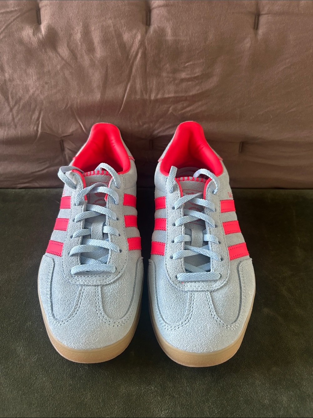 adidas Light Gray Suede Sneakers with Pink Stripes